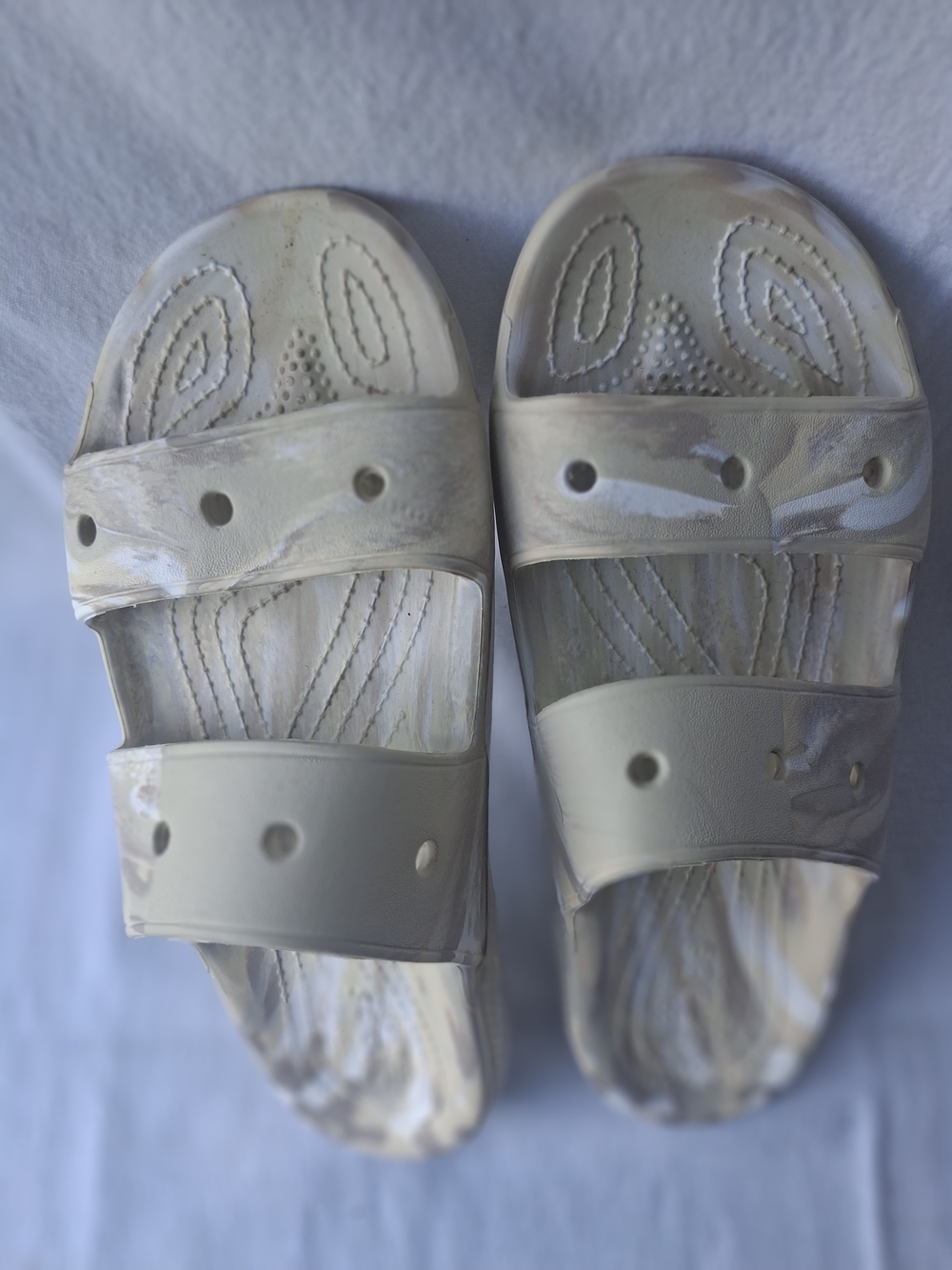 CROCS Marble-Pattern Dual-Strap Slide Sandals in Beige and White